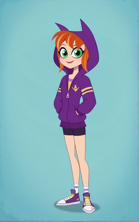 ((score_9)), score_8_up, ((high quality)), ((masterpiece)) BREAK
  DCSG Style, BabsG, BabsG Normal, Green Eyes, Orange Hair, Hoodie, hood up, animal hood, looking at viewer, good hands, good anatomy, five fingered hands, (full body), school background, smiling
<lora:DC_Superhero_Girls_2019:0.8>,<lora:pony_good_hands:0.8>