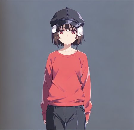 <lora:watanabe_akio:1>
<lora:osanaiyuki:0.5>
score_9, score_8_up, score_7_up,score_6_up,
watanabe akio, poyoyon rock, watanabeakio,
1girl,solo,
onasaiyuki,brown hair,  short hair,bangs,bob cut,(red eyes, purple eyes,pink eyes:1.5),medium hair,hair between eyes,short hair, hat,shirt,black headwear, pants,red shirt,black footwear, jacket,collarbone,,expressionless
