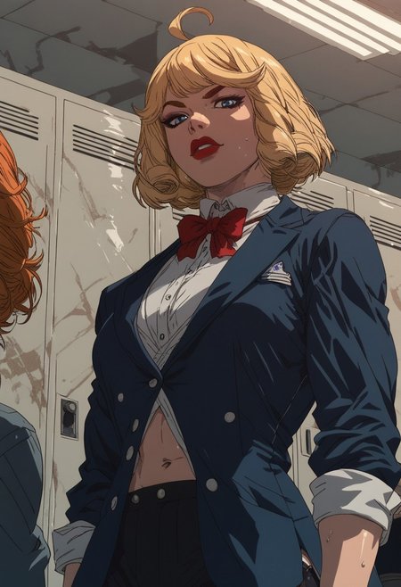 score_9, score_8_up, score_7_up,
posing, locker room, dynamic angle, any view, blue blazer, lipstick, athletic, sweaty, muscular, 
blonde hair,
oily skin, large heavy breasts, ahoge, navel, beautiful face, thick thighs, goth girl, 
sinozick style, flat color, 
1dk, slimes_francois, action pose, teasing expression,