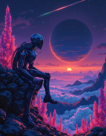 masterpiece, Mecha cybernetic electroshaman leaning on a space ship, overlooking a landscape filled with crystals, planet Saturn with rings in the sky, alien planet, neon shine, vibrant colors, highly detailed, cinematic composition, marbling of lansdscape  <lora:MJanime_Flux_LoRa:0.25> anime style <lora:NeonFantasyFLUX:0.5> ne0nfant4sy <lora:Flux1-impossible_geometry_V1.0:0.4> <lora:flux.1_lora_flyway_Epic-detail_v2:0.7>, style by Lawrence Alma-Tadema and William Bouguereau and Édouard Debat-Ponsan