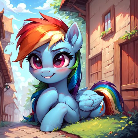 masterpiece, score_9, score_8_up, score_7_up, (best quality:1.1), ultra-detailed, high resolution, 1 girl, pony, highly detailed macro illustration,  Rainbow Dash smiling, blushing, hooves on face,  Rainbow Dash, feral, female, mare, cute, long eyelashes, outside, (((beautiful detailed eyes))), Long eyelashes, fluffy, ear fluff, long eyelashes, (cornering), taking cover, spying, wall, Highly Visible, (((8k))), sharp focus, perfect lighting, anatomically correct, extremely detailed, shine on body, (in the mlp town), high detail, cute face, suspicious facial expression, Expressiveh, detailed background, OverallDetail, zPDXL2, <lora:Corneringv1:0.8>