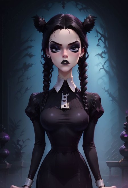 score_9, score_8_up, score_8, score_7_up, score_7, rate_safe, 
(best quality:1.1), (masterpiece:1.2), (realistic:1.2), (detailed:1.1), (highres, best quality:1.2), 
1girl, Wednesday (Wednesday addams(/The addams family)/,(ultra HD quality details), hair in two ponytails, black hair, raven black eyes, beautiful face, pale skin,
beautiful face, 
gothic, black lips, emo, black nails,
collared dress, black dress, covered shoulders, covered chest, covered neck, puffy sleeves, white collar, white cuffs,
Slim girl, large breasts, skinny, tiny,  petite, small arms, (20 years old)), 
background (dungeon), Dark atmosphere, 
 upper body, pov,aunt lydia