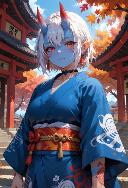 score_9, score_8_up, score_7_up, detailed background, dynamic angle, volumetric lighting, godrays,perfection,perfect, 1girl, 25 years old, perfect face, cute, petite, red eyes, white hair, short hair, messy hair, crossed bangs, hair between eye, pointy ears, black choker, (blue skin:1.2), (oni:1.2), blue oni, facial tattoo, kimono, tattoos, Japanese architecture, temple, autumn, cowboy shot, source_cartoon, rating_questionable,<lora:add-detail-xl:2>,<lora:hand 4:0.7>,<lora:curvature slider_last:8>,<lora:xl_more_art-full_v1:0.9>,<lora:Fant5yP0ny:0.8>,<lora:detailed_notrigger:1>,<lora:SimplePositive_XL_v1_test_AutoRunMech:2>