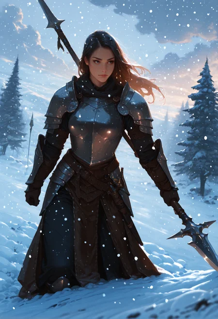 snow, weapon, outdoors, polearm, spear, 1girl, , holding, holding weapon, armor, snowing, sky, cloud,, <lora:Detailer_NoobAI_Incrs_v1:0.75>, masterwork, masterpiece, best quality, dynamic lighting , dynamic pose,,  dynamic angle, , , (realistic:1.2), (lineless:1.2), detailed,  , aged up, adult, depth of field, dynamic lighting, blurry, cheekbones, <lora:zy_illustrious_Realism_Enhancer_v1:0.5>