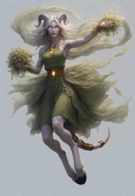 (absurdres, highres, best quality, masterpiece:1.4), 
score_9, score_8_up, score_7_up, score_6_up, 
detailed, 
detailed body, 
detailed face, 

(culDraenei, 
female, 
purple eyes, 
no sclera, 
no pupils, 
athletic, 
tall, 
slim, 
pale skin,
grey skin, 
long ears),

loose long green dress,  
yellow pendant, 
sleeveless, 

cheerful, 
(((full body))), 
posing, 
floating, 

(((white background, plain background))), 
(((no objects in background)))