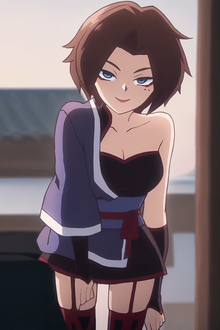 <lora:meihuashiyi:1>,meihuashiyi,1girl,solo,blue eyes,mole under eye,brown hair,short hair,parted bangs,single bare shoulder,cleavage,collarbone,thighhighs,garter straps,japanese clothes,smile,looking at viewer,, masterpiece,best quality,amazing quality,absurdres, anime screenshot, lazypos ,