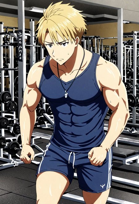 high resolution, solo, best quality, 1Boy, Yamato Ishida, Blond Hair, Necklace, Gym , tank top, shorts, exercise, sixpack, gym, OverallDetail