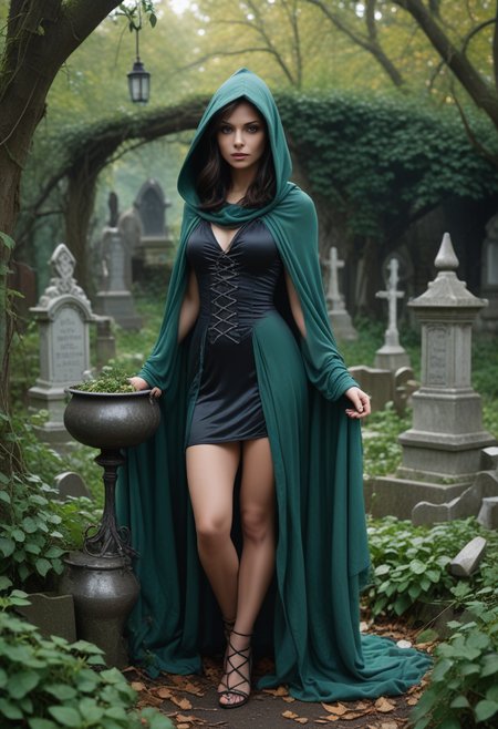 (medium full shot) of (sexy witch) young woman, french, bright green eyes, light skin, tan skin, jade green eyes, Medium build, dark hair,  wearing Ethereal silver gown with shimmering accents, sheer stockings, silver heels, (hooded cowl draped over the head), cauldron filled with bubbling potions and mystical ingredients, set in  graveyard, Forgotten Corner, Neglected area with toppled tombstones half-buried in ivy and weeds, broken wrought iron fences, tangled undergrowth, and the eerie silence of long-forgotten souls  , laughing, jumping in the air, Masterpiece,best quality, photorealistic, amazing quality, very aesthetic, extremely detailed face,