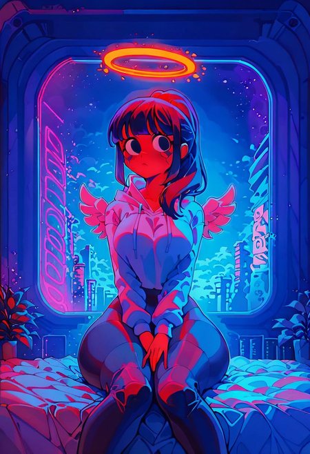 score_9,score_8_up,score_7_up,score_6_up, 1girl, 
 sitting in bed next to a large window, hands between thighs, wearing croptop hoodie, black croptop hoodie, long hair, black hair, blue strip in hair low ponytail hairstyle, angel, angelic girl, white wings, halo, glowing halo, black eyes, <lora:DetailedEyes_V3:1> <lora:add_detail:1>, pov from the side, sitting on the bed, hoodie, plants on the windowsill, looking out the window, looking away from viewer, background through window is vast space, galaxy background, wearing tights, leggings, black tights, thighs, night time, cyberpunk city view out of the window, neon light, purple neon lights, raining outside, heaving rain outside, girl is dry, no rain inside