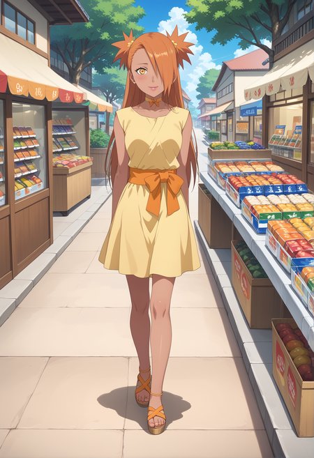 score 9, score 8 up, score 7 up, high res image, masterpiece, best quality, source anime, intricate details, anime screencap, official style, solo, 1girl, chocho akimichi, chodress, shy smile, blush, embarrassed expression, beautiful face, (dark skin, dark skinned woman), orange hair, lip gloss, Mascara, two spiky ponytails, long hair, head tilt, shock, excitement, hair over left eye, petite, butterfly choker, yellow dress, orange obi, orange bow, sandals, athletic build, stores, sidewalk, oak tree, town, day, arms behind back, walking, full body, cowboy shot, from above, <lora:Akimichi_Chocho_pony_rc4:1>,