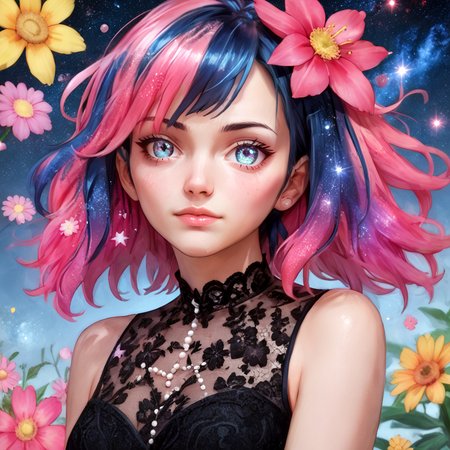 PonyXLV6_Scores: score_9,score_8_up,score_7_up,score_6_up,score_5_up,score_4_up,
solo,flower,(illustration),1girl,mixed-blood,stars in the eyes,messy floating hair,colored inner hair,Starry sky adorns hair,(colorful Bubble),(pearl),(Galaxy),depth of field,upper body,lace-trimmed dress,
 <lora:MomisanP:1>