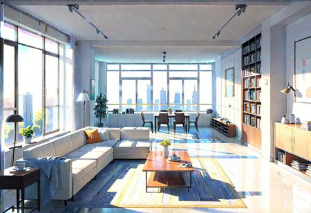 ((front view)), (Close-Up View), (Rule of Thirds), ((animation style)), A room with wide sides and narrow front and back, modern-style interior, with white walls, ((large windows)), a  study, Sofa, coffee table, bookcase, single wall, 
warm light morning sun, (((City high-rise building scenery))), (clear sky)