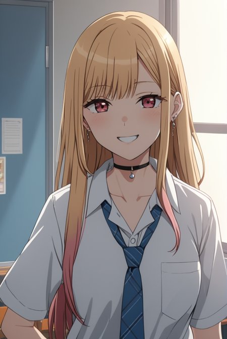 masterpiece, best quality, highres, 4k, 8k, intricate detail, cinematic lighting, amazing quality, amazing shading, soft lighting, Detailed Illustration, anime style,
marinkitagawa, <lora:marin-kitagawa-s1-sdxl-lora-nochekaiser:0.75>,
marin kitagawa, long hair, bangs, blonde hair, red eyes, multicolored hair, pink hair, smile,
skirt, shirt, jewelry, school uniform, white shirt, pleated skirt, earrings, necktie, choker, bracelet, blue skirt, plaid, black choker, plaid skirt, loafers, mini skirt,
indoors, classroom,
looking at viewer, cowboy shot,