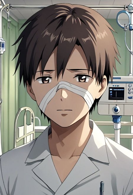 high resolution, solo, best quality, 1Boy, Takaki Toono, Brownish Hair, Brown Eyes, bandage, patient, hospital, OverallDetail