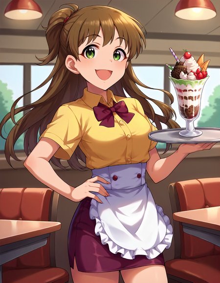 score_9,score_8_up,score_7_up,1girl,solo,cowboy shot,looking at viewer,smile,open mouth,restaurant,holding tray,hand on hip,sundae,
 <lora:makiharashiho_ponyXLV6:0.8>,cgmsh,brown hair,one side up,green eyes,
yellow shirt,short sleeves,red-purple bowtie,waist apron,red-purple pencil skirt