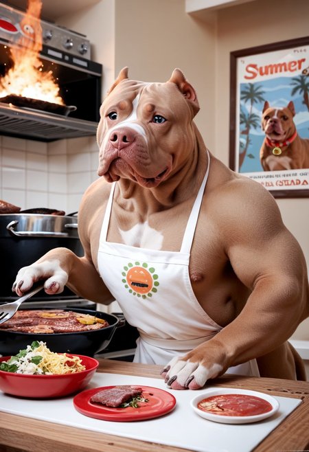 score_9, score_8_up, score_7_up, score_6_up, score_5_up, score_4_up,  source_real, source_photo, pit_bull, bbq, fire, steaks, cooking, apron, summer day, poster, <lora:guard_dogs_pxl:1>