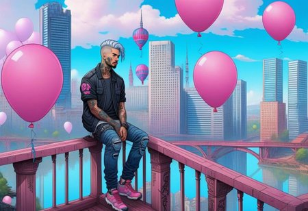 anime, a man with tattoos on his face rested on the railing of a bridge, city day, holiday, pink and blue balloons, a bridge with wooden columns and arches, a wooden floor ,(((light silver hair))), 
a couple of large buildings, pink background, day, tall buildings, cyberpunk, cyberpunk art, retrofuturism<lora:Cyberpunk _Anime_sdxl:1.0>, vfx environment, ambient occlusion, highlights, corect eyes, black jacket with bedding,(((high - rise buildings)))