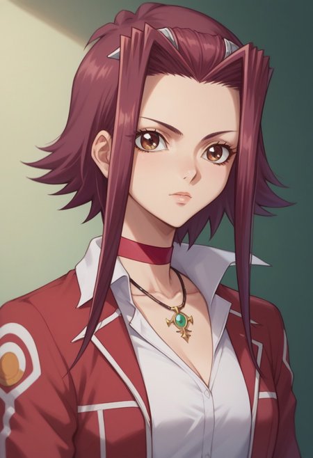 score_9, score_8_up, score_7_up, source_anime, highly detailed, 
akiza, 1girl, solo, brown eyes, jewelry, choker, necklace, red hair, jacket, 
short hair with long locks, shirt, white shirt, upper body, school uniform,
indoor
