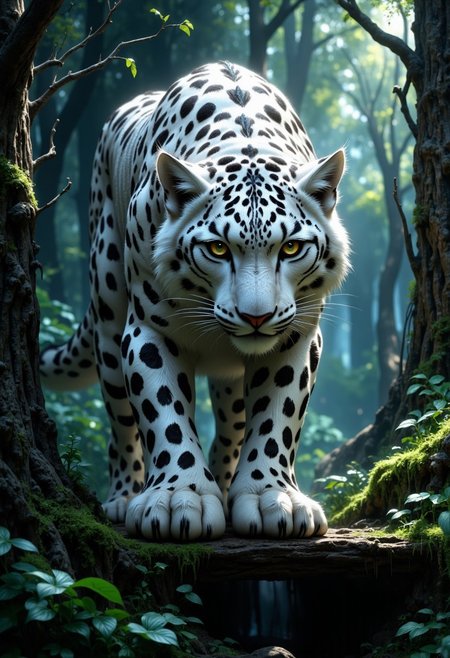 highly detailed, fantasy-inspired image of a hybrid snow leopard with polar owl head. Hybrid snow leopard with polar owl head with intricate details, standing on a bridge in a dense, mystical forest. The forest should have towering trees, dappled sunlight, and a lush, green undergrowth. Use dramatic lighting and atmospheric effects to create a sense of mystery and wonder. Focus on the intricate details of the creature's appearance and the natural beauty of the forest setting, cinematic, bokeh, depth of field