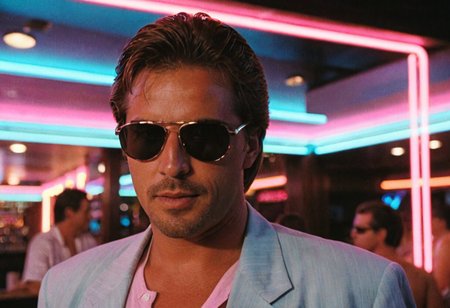 MiamiVice, Sonny Crockett, man, shades, closeup, bar, neon lights, indoors, highly detailed, 4K, ((stylish grainy analog 35mm photo))