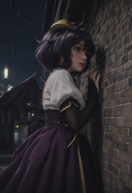 score_9, score_8_up, score_7_up, score_6_up, 
BLE, 1girL,HairDetail,
utena hiiragi, short hair, yellow eyes, purple hair, yellow demon horns,ahoge, hair intakes,puffy sleeves, bridal gauntlets, purple bridal gauntlets,WHITE SHIRT,UNDERBUST,DARK PURPLE DRESS,wings, horns, fang, demon girl, demon horns, demon wings,
tall female,  standing,despite face,parted lips,closed mouth, outdoors, from side, feet out of frame, detailed background, night, depth of field,  rain,morden city,  train station, leaning back on wall, LOOKING AT VIEWER,