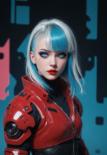 masterpiece, best quality, highly detailed, score_9, score_8_up, score_7_up, Expressiveh, 
silhouette art, animeanime image of a robotic cyberpunk female warrior, long multicoloured hair (platinum with red and blue highlights or streaks), bangs, dark eyeshadow, red lips, chrome and red armour, silhouetted, chiascuro, glowing eyes, abstract dark cyberpunk background
<lora:Dynamic Poses:1> 
<lora:detailed_notrigger:1>
 (((full clothed))),
