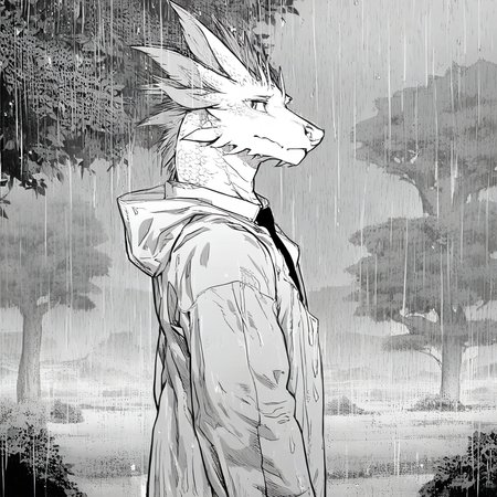 raining,wind,windy,arms open,rain drop,tree,scenery,landscape,from side,raincoat,
<lora:MIZUTSUNE-ILL-ADAM-V3:0.9>,mizu,dragon boy,(1boy:1.3),furry,(solo:1.2),yellow nose,shirt,looking at viewer,necktie,
masterpiece,best quality,amazing quality,very aesthetic,highres,absurdres,<lora:ftstyle-noob05-v2:0.9>,ftstyle,monochrome,greyscale,