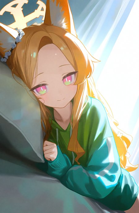 seia_\(blue_archive\), 1girl, solo, long_hair, looking_at_viewer, smile, blonde_hair, long_sleeves, animal_ears, closed_mouth, yellow_eyes, lying, alternate_costume, hair_flower, halo, animal_ear_fluff, parted_bangs, sleeves_past_wrists, pillow, fox_ears, on_side, forehead, sleeves_past_fingers, multicolored_eyes, yellow_halo, gradient_eyes