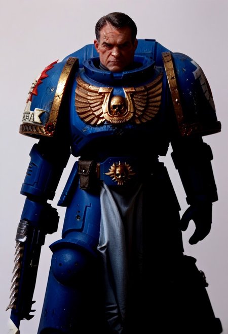 <lora:WH40K_Titus-PONY:0.9> whtitus, mature male, facial scar, black hair, black eyes, solo, ultramarine, emblem, pelvic curtain, pauldrons, power armor, cowboy shot, white background, absurdres, score_9_up, score_8_up, score_7_up, score_6_up, score_5_up, score_4_up, Source: Warhammer40K, chainsword