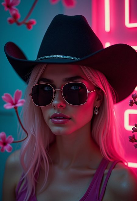 A lady wearing sunglasses and a cowboy hat, with small pink flowers blooming around, cinematic style, dark neon background, bold character, pink eyes, wearing shorts, shining eyes