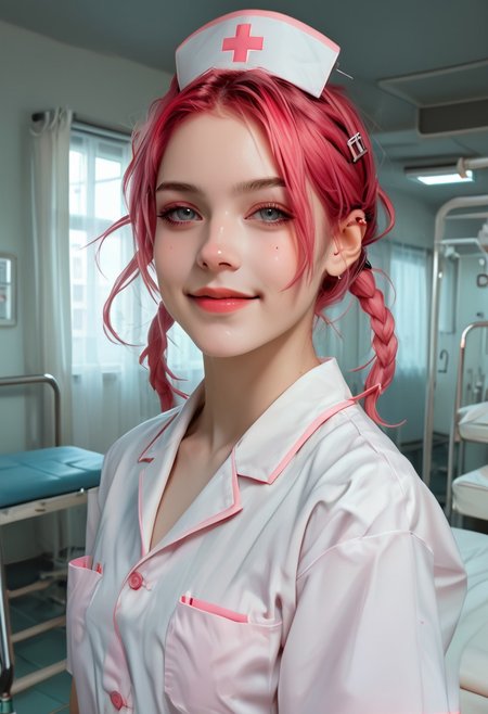 score_9,score_8,score_7,beautician 、Nurse uniform、Please redeem、masterpiece、One Girl、White skin、Expressionless,Pink Hair。Twin tails、Hair Clip、Cute Hair Clips、Grey Eyes、Small red cheeks and nose、Flat Chest、Small breasts、Dead Eyes、beautician 、(((Hospital room))), portrait, upper body, dynamic angle ,smiling, happy, 
<lora:add-detail-xl:1>