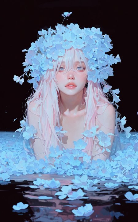 3l3ganc3,masterpiece,best quality, highly detailed, score_9, score_8_up, score_7_up, score_6_up,  dramatic, 
 BREAK
cowboy shot, realistic,  photography, delicate facial features,
3l3ganc3, semi-realism, 1girl, cute, 23 year old female, solo, confident,  large earrings, messy long bangs, hair on eyes, cold light blue eyes,  pastel pink hair, white hair, (long hair:1.15), natural lips, parted lips, blue flowers, dark waters, reflections <lora:Elegence_Niji:1.14>