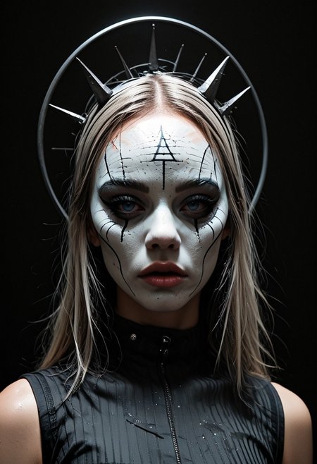 masterpiece, best quality,high quality, newest, highres,absurdres, androgynous figure against a solid black background. The subject is adorned in a futuristic, geometric costume with bold color combinations. The costume is primarily composed of horizontal black and white stripes, which create a stark contrast against the figure's pale skin. The headpiece is a large, circular shape with a gradient from at the outer edge to white at the center, resembling a halo. The figure's face is painted in a dramatic, almost mask-like style, with a white base and striking blue lips. The makeup around the dark eyes is heavily accentuated, giving a bold, almost exaggerated appearance. The overall aesthetic is questionable. headpiece extending beyond the frame, drawing the viewer's attention to the central subject. white sphere on the background, dark_theme,soft lighting,g0th1c, Sinozick_illu,gradient,spot color, sinfully stylish, dramatic lighting