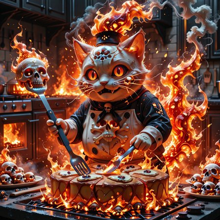 cf_style, skullthemeXL, glowing embers, fire particles, cartoon realism, exaggerated expressions,
1 chubby cat chef, flaming whiskers, holding spatula, flipping skull-shaped pancakes on a stove made of molten bones. 
Background is a kitchen with counters of ribcages, smoke trails forming ghostly skulls.  
Glowing orange and red lighting, flames gently reflecting on his fur. Soft outlines, stylized fire.