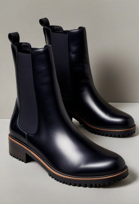 (still life), fashion 
BREAK 
(black), (a pair of chelsea boots)