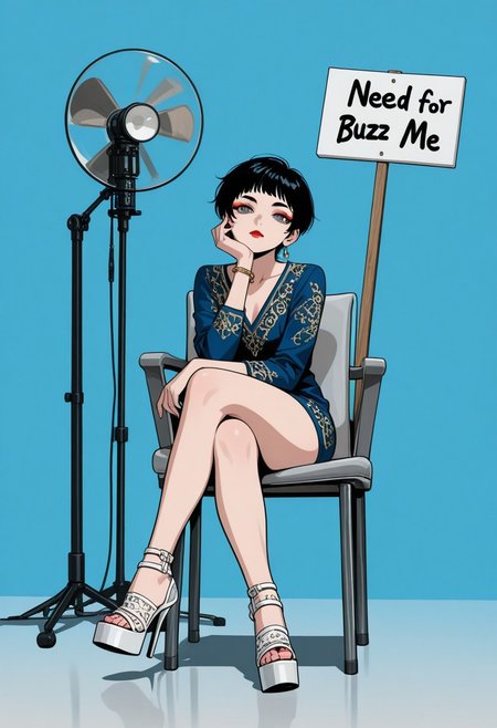 masterpiece, best quality, amazing quality, very aesthetic, absurdres, newest, scenery,2023, anime coloring, flat color, 
1girl, solo, pixie cut, black hair, choppy bangs, thick eyebrows, red eyeshadow, red lips, closed mouth, grey eyes, detailed eyes,
blue dress, long sleeves, short dress, gold embroidery, v-neck, high collar, bare thighs, white high heels, platform heels, high heels, open_heels, jewelry, bracelet,
sitting, sitting on chair, crossed legs, tufted_chair, grey_chair, hand on own head, head rest, looking at viewer, focused, model, modeling, 
minimalist_background, blue background, studio_background, studio lights, studio_lighting, soft shading, shadow,need_buzz, holding sign, front of body), ((('BUZZ FOR ME')))