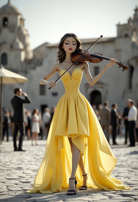 3dc4r1c4t9r3a, A beautiful female electric violinist, wearing yellow semitransparent dress,  alone in a big desert Italian place.  Everything else in the image is black and white, including the background and architectural elements.Spotlight on the violinist, Engrossed crowd, High contrast, Intricate violin details, Dynamic performance pose. diclrpp