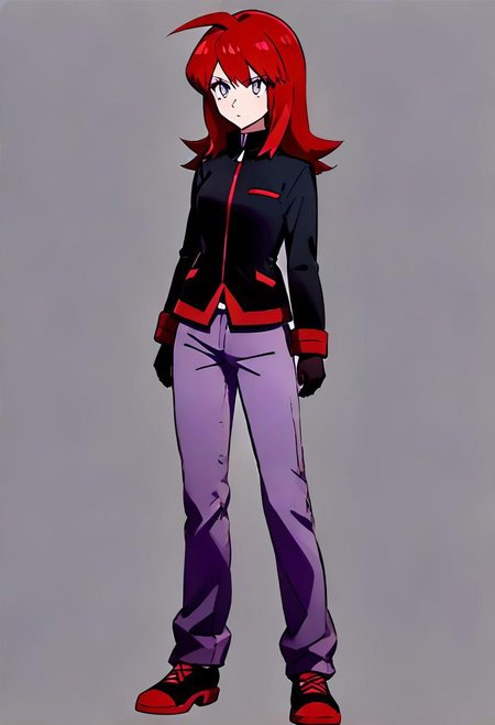 {genderswap \(mtf\), mtf, full body, simple background, standing, pokesilv, black hair, ((adult:3.0)),1woman, adult woman:2.0, solo, full body render, bright red hair, jacket, pants, grey eyes, purple pants, gloves, bangs, ahoge, long sleeves, shoes, black footwear, long hair, black jacket, black gloves, }
simple background, gray background, 
4kFacePonyXL