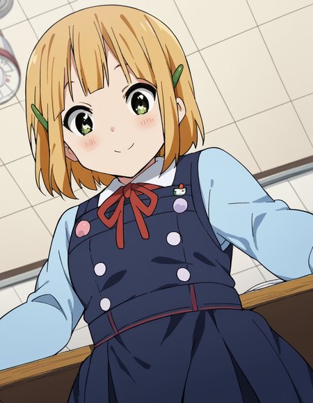 score_9, score_8_up, score_7_up, source_anime, <lora:midori-tokiwa-s1-ponyxl-lora-nochekaiser:1>, midori tokiwa, short hair, blonde hair, hair ornament, green eyes, hairclip,, school uniform, pinafore dress, ribbon, red ribbon, long sleeves, blue dress, buttons, long skirt,, cubicle, desk, computer, partition, workspace, , <lora:lap-pov-ponyxl-lora-nochekaiser:1>, lap pov, lap pillow, from below, ceiling, looking down, pov, blush, smile,, looking at viewer, solo,, dutch angle, cowboy shot