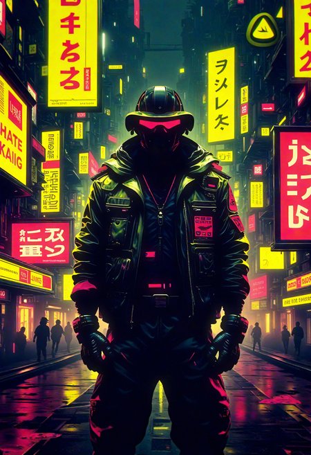 bo-cpposter,  Futuristic cyberpunk scene featuring a heavily armored figure standing confidently in the forefront, adorned in a sleek, high-tech jacket with intricate details. The setting is a bustling cityscape at night, illuminated by vibrant neon lights and towering digital billboards in various languages, predominantly in bright yellow and red hues. The atmosphere exudes an impressionistic style, capturing a blend of chaos and beauty. Background elements include abstract shapes and glowing symbols, creating a dynamic contrast against the figure, who has a menacing yet enigmatic presence. The overall aesthetic is hyperrealistic with a gritty texture, emphasizing the fusion of technology and urban life. , <lora:Flux\boFLUX Cyberpunk Poster.safetensors:1.4000000000000001:1.4000000000000001>