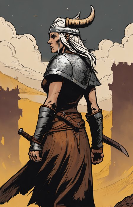 dgst artstyle, graphic illustration, comic art, graphic novel art, vibrant, dark and moody from the back of a stunning Uruguayan woman with a hungry expression, norse,  battlescars, looking down, (high fantasy medieval theme:1.1), nordic   raider, wrathful expression, fighting stance,   viking age,  simple brown padded leather battle-tunic,  wolf symbol, feast hall, drinking horns, mead, banners,     cinematic scene composition, viking dark fantasy atmosphere, <lora:SDXL1.0_Essenz-series-by-AI_Characters_Style_DarkestDungeon-v1.0:0.7>, crimson sky yellow sun white clouds, high quality, 4k, highly detailed