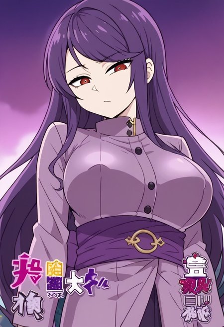 1girl, gundou mirei, red eyes, long hair, virtual youtuber, swept bangs, purple hair, parted bangs, <lora:pony_char_gundou_mirei-000030:1>  ,,,,,, anime coloring, anime screencap, 1girl,Solo ,, anime,PUFFY nipple,,,official art, Uncensored ,Unedited ,,,, , ,,,large breasts