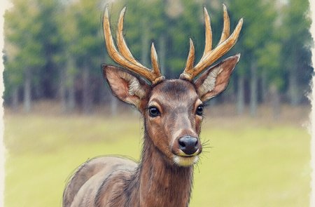 Sharp image of a rough sketch, rendered in vibrant multi colour ballpoint pen, capturing the adorable features of a close-up portrait of a deer with large antlers. The deer is standing in a grassy field with trees in the background. Its head is turned slightly to the side and its eyes are looking directly at the camera. Its fur is a dark brown color and its antlers are a lighter shade of brown. The background is blurred, but it appears to be a natural setting with trees and greenery. The overall mood of the image is peaceful and serene.  p3nsk, <lora:p3nsk:1>