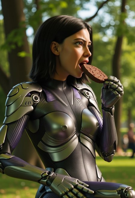 alita wears a mecanical robot bodysuit, is eating an chocolate in a park <lora:Alita:0.9>