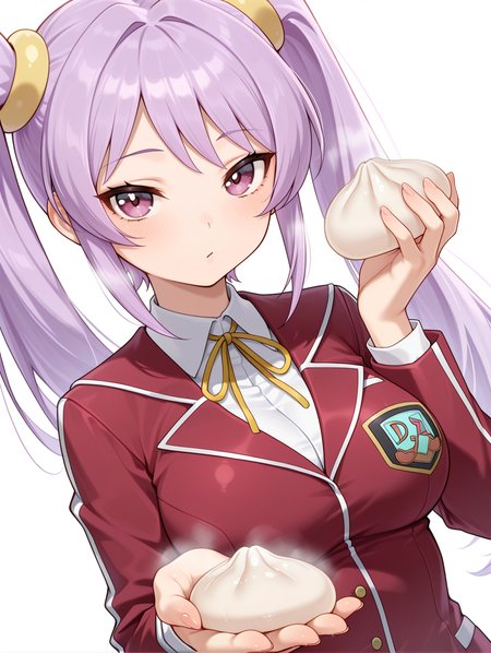fujiwara yukino, 1girl, solo, baozi, duel academy uniform \(yu-gi-oh! 5d's\), large breasts, looking at viewer, upper body, yellow hair ornament, yellow neck ribbon, red blazer, white collared shirt, holding baozi, dutch angle, simple background, white background, outstretched hand,
masterpiece,best quality,amazing quality,very aesthetic,absurdres,newest,<lora:Fujiwara Yukino illusXL v1:0.77>,