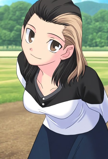 masterpiece, best quality, <lora:Tsukihime NXL:1>,solo,masterpiece, best quality, 
1girl, female focus, large breasts,  solo, brown eyes, thin brown streaks in hair, black hair, thin blonde streaks in hair, multi-colored hair, medium hair,wavy hair, hair part, side part, hair slicked back, small mouth, short nose, small nose, cute face, soft hair,
outdoor, farm, sunny day, head tilt, hands behind back, leaning forward, quarter view,  innocent smile, cheerful feeling, feminine, girlish, cute