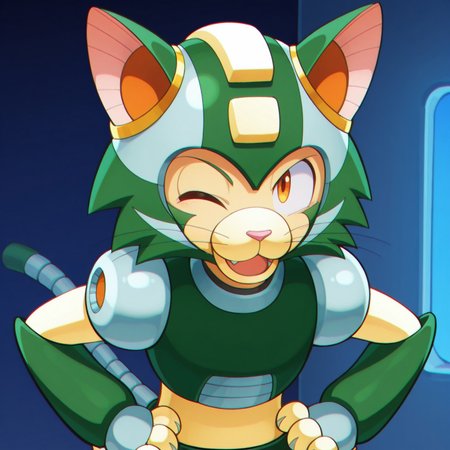 1boy, 2d, solo, Tango, male, robot, feline, cat,((anthro)) green helmet, cat-like ears, animal ears, orange eyes, cat muzzle, pink nose, green and gray body, two whiskers, mechanical tail, light yellow paws,

BREAK upper body focus, winking, smiling, looking at viewer, open mouth smile, hands on hips

BREAK best quality, amazing quality, very aesthetic, absurdres, newest, masterpiece, high quality