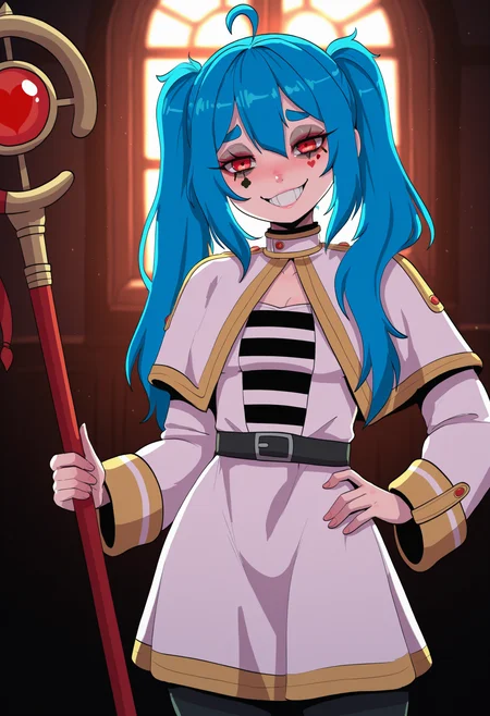 pippipanini, blue hair, long hair, red eyes, permanent makeup, small breasts, staff, twintails, frieren cosplay, grin,