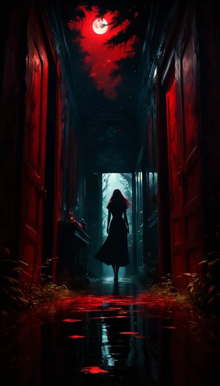 a decaying abandoned mansion in a lush overgrown forest, full moon glowing red in a dark night sky, shadowy girl silhouettes prowling through the scene, twinkling stars, (best quality, 4k, 8k, highres, masterpiece:1.2), ultra-detailed,(realistic, photorealistic, photo-realistic:1.37), oil painting, intricate brushstrokes, dramatic lighting, dark moody atmosphere, chiaroscuro, Bill Sienkiewicz inspired art, ((wide angle))