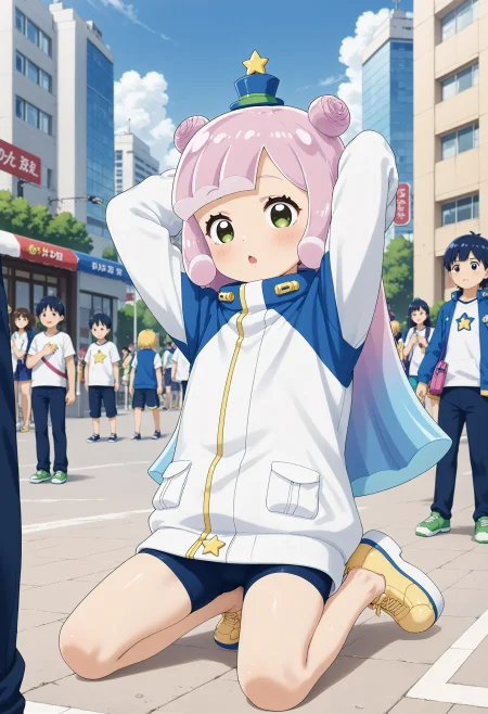 <lora:Hyper-SDXL-8steps-lora:1> <lora:Fixhands_anime_bdsqlsz_V1:1> zPDXL2, score_9, score_8_up, score_7_up, source_anime, intricate details, perfect anatomy BREAK
outdoors, city, tokyo, japan, audience, crowd, kneeling,  stretching, arm up, barefoot, arms behind head, Relieved, Mouth turned up slightly, eyes wide open, and a relaxed jaw., 1girl, solo, solo focus, 
<lora:PKS-puniru_XL(pony)v10t:1> puniru \(puniru wa kawaii slime\), pink hair, blue hair, multicolored hair, double bun, long hair, green eyes, mini hat, jacket, black bike shorts, yellow shoes, platform footwear,